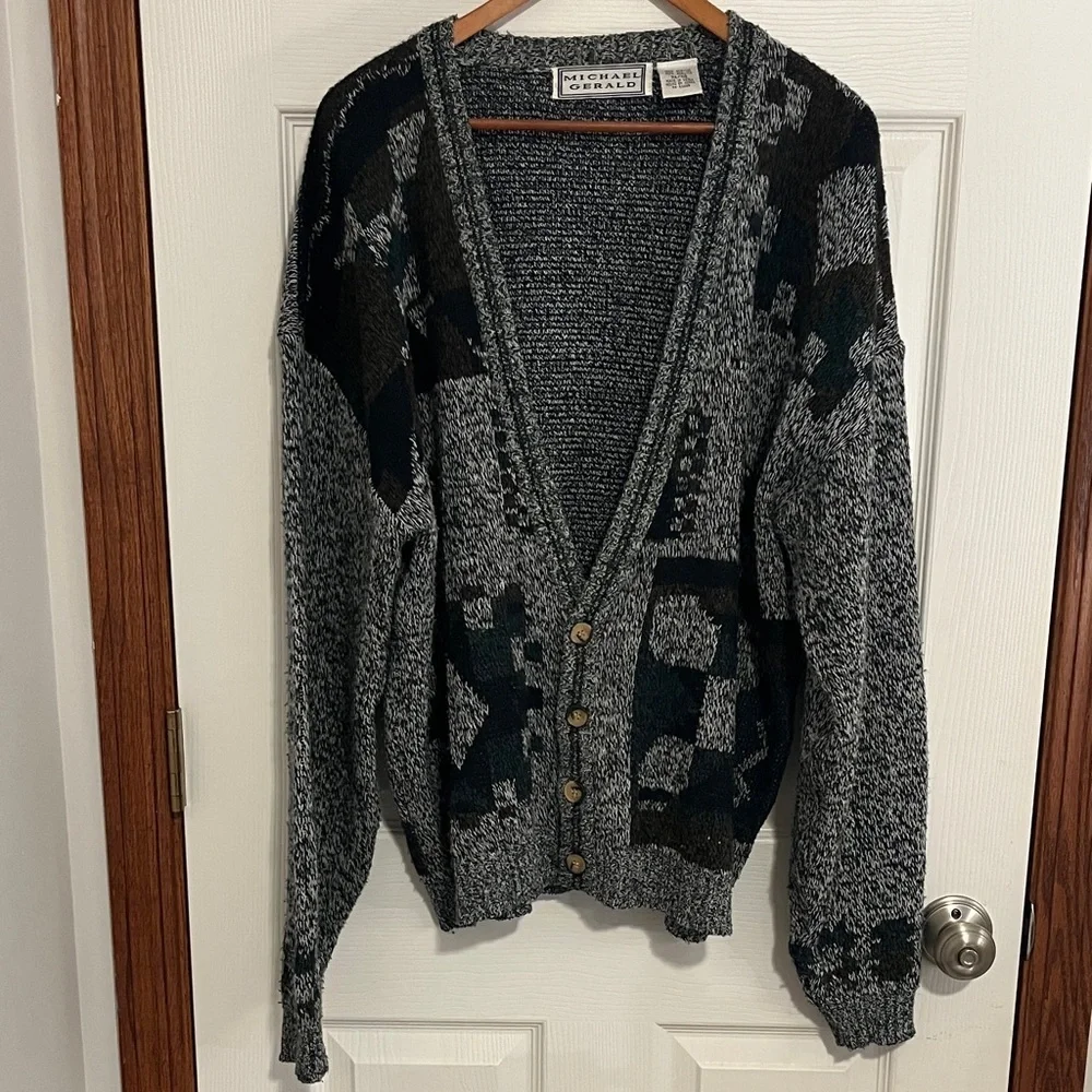 Vintage Michael Gerald Black/White Static w/ Geometric Prints Knit Cardigan XL